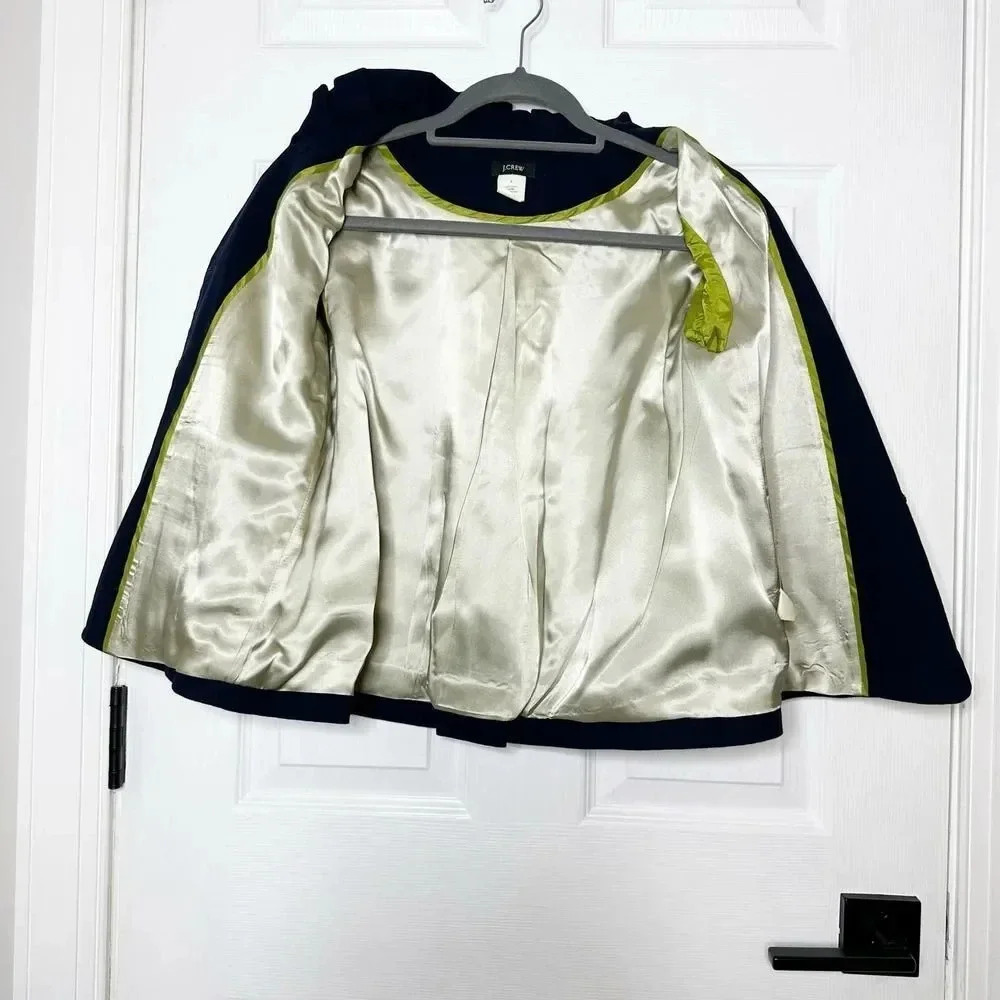 J. CREW Size 2 Atelier Canvas Ruffle Neck 3/4 Sleeve Jacket Navy Blue - Picture 4 of 7